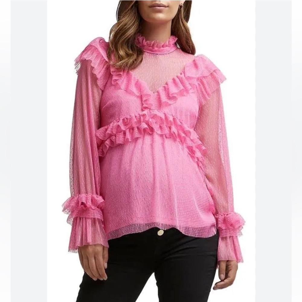River Island Pink Lace Ruffle Longsleeve Top Size 10 Gender Reveal Polka Dot